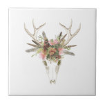 Azulejo De Cerâmica Deer Skull e Flores<br><div class="desc">Deer Skull & Flowers I por Naomi McCavitt. Apresenta um crânio de cervo com flores e penas colocadas na cabeça.</div>