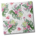 Azulejo De Cerâmica Deixa o padrão tropical floral<br><div class="desc">Um design tropical que abraça a beleza tranquila da natureza misturada com uma aresta lúdica. Uma mistura de folhas tropicais verdes calmantes, incluindo folhas de bananeira, palmas, folhas de monstera e plantas de princesa rosa, ao lado de flores de orquídeas roxas cor-de-roxo e flores de proteína, interligadas com várias outras...</div>