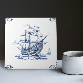 Azulejo De Cerâmica Delft Blue Dutch Style Frigate Schooner Sail Boat