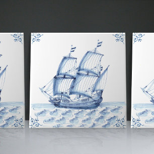 Azulejo De Cerâmica Delft Blue Dutch Style Frigate Schooner Sail Boat