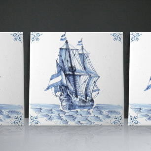 Azulejo De Cerâmica Delft Blue Dutch Style Frigate Schooner Sail Boat