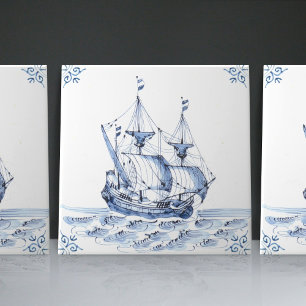 Azulejo De Cerâmica Delft Blue Dutch Style Frigate Schooner Sail Boat