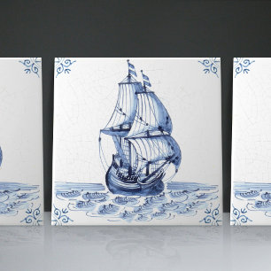 Azulejo De Cerâmica Delft Blue Dutch Style Frigate Schooner Sail Boat