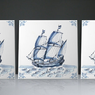 Azulejo De Cerâmica Delft Blue Dutch Style Frigate Schooner Sail Boat