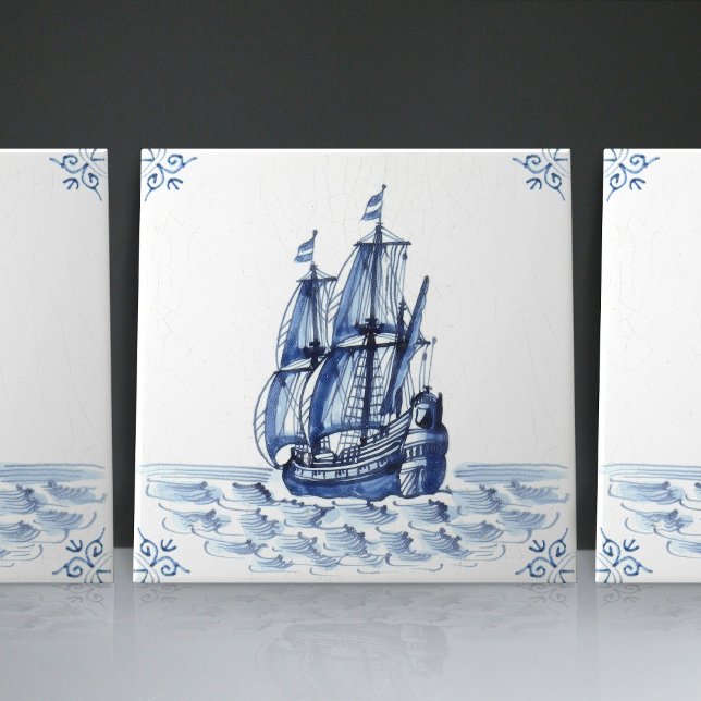 Azulejo De Cerâmica Delft Blue Dutch Style Frigate Schooner Sail Boat (Criador carregado)