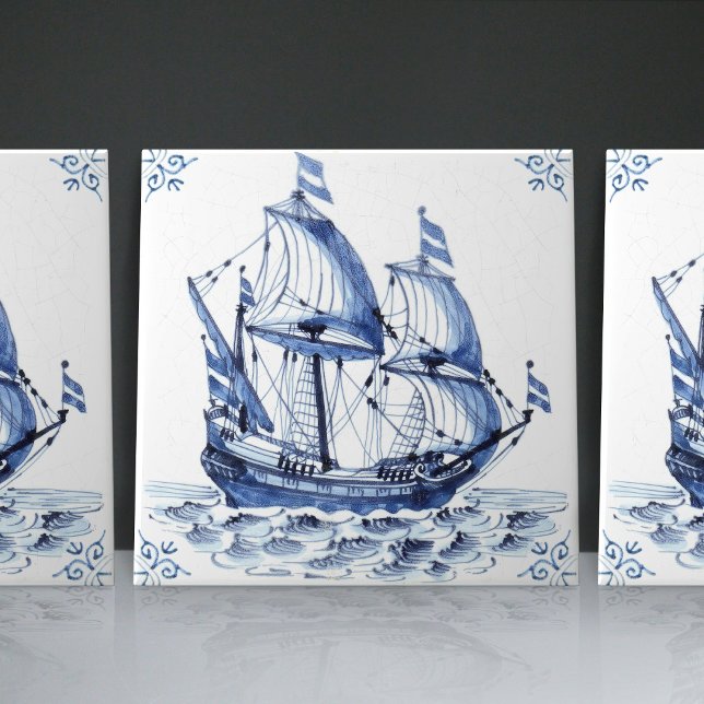 Azulejo De Cerâmica Delft Blue Dutch Style Frigate Schooner Sail Boat (Criador carregado)