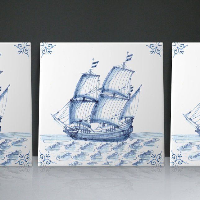 Azulejo De Cerâmica Delft Blue Dutch Style Frigate Schooner Sail Boat (Criador carregado)