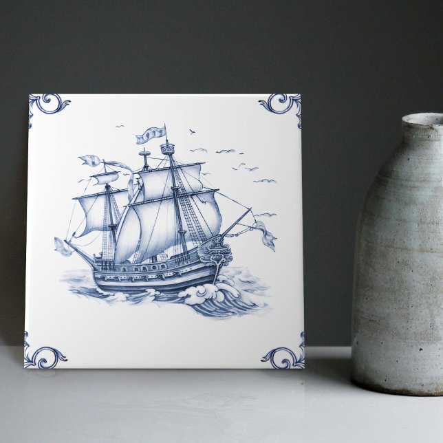 Azulejo De Cerâmica Delft Blue Dutch Style Frigate Schooner Sail Boat (Criador carregado)