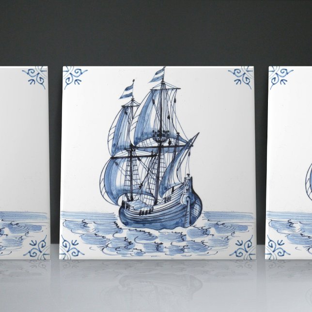 Azulejo De Cerâmica Delft Blue Dutch Style Frigate Schooner Sail Boat (Criador carregado)