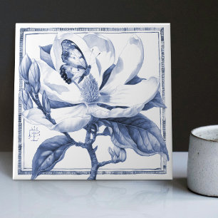 Azulejo De Cerâmica Delft Blue Magnolia Decor Art Nouveau Watercolor