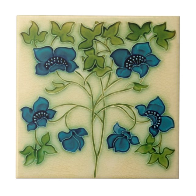 Azulejo De Cerâmica Delicate Art Nouveau Pilkington Blue Floral Repro (Frente)