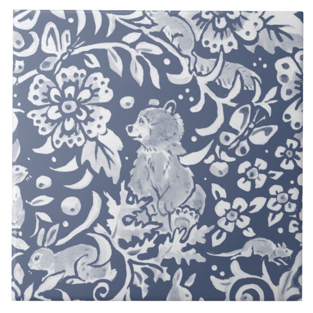 Azulejo De Cerâmica Denim Blue MURAL Woodland Bear Cerâmica Superior D (Frente)