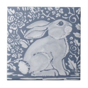 Azulejo De Cerâmica Denim Blue Plump Bunny Rabbit Floral Dedham Delft