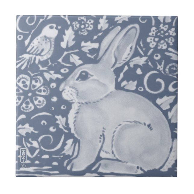 Azulejo De Cerâmica Denim Blue Rabbit Bird Floral Dedham Delft (Frente)