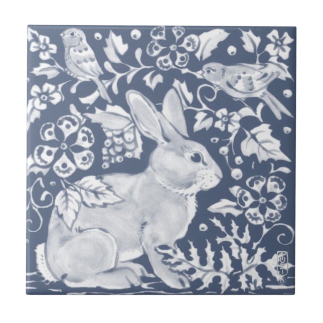 Azulejo De Cerâmica Denim Blue Rabbit Bunny Birds Floral Dedham Delft (Frente)