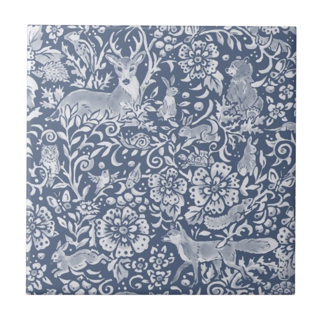 Azulejo De Cerâmica Denim Blue Woodland Floresta Animal Coelho dos Vea (Frente)
