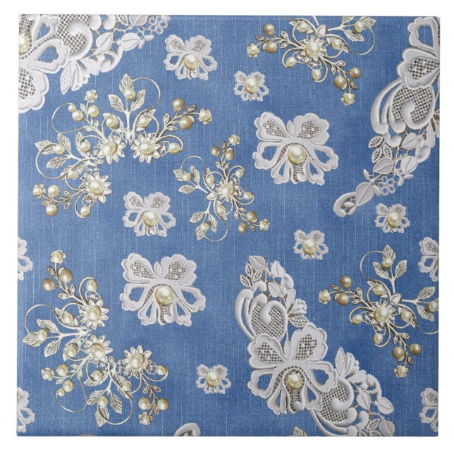 Azulejo De Cerâmica Denim Texturizado Lace e Pérolas (Frente)