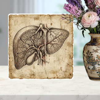 Azulejo De Cerâmica Desenho a Tinta Anatômico Vintage do Fígado Sepia