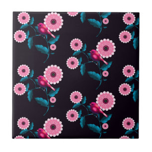 Azulejo De Cerâmica Desenho Botânico Floral de Pássaro Rosa Caprichoso
