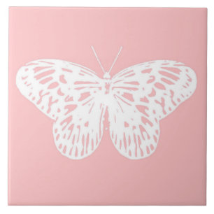 Azulejo De Cerâmica Desenho da borboleta, cor-de-rosa-casca e branco