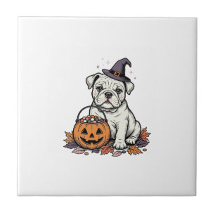 Azulejo De Cerâmica Desenho de Abóbora Bulldog de Halloween Gravado Vi