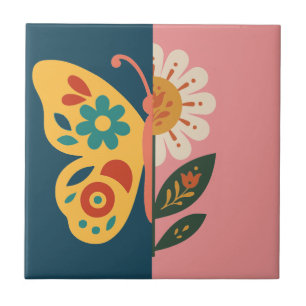 Azulejo De Cerâmica Desenho de borboleta e flor colorido