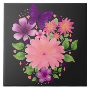 Azulejo De Cerâmica Desenho de Borboleta Floral Rosa em Aquarela