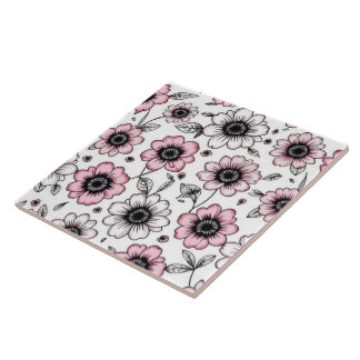 Azulejo De Cerâmica Desenho de flores e folhas cor-de-rosa