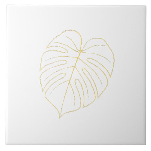 Azulejo De Cerâmica Desenho de Folha de Monstera Dourada.  (Frente)