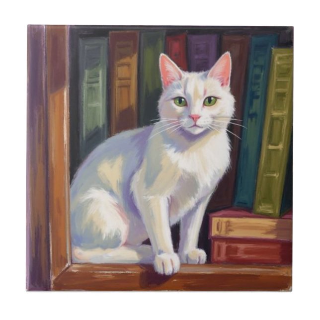 Azulejo De Cerâmica Desenho de Gato Branco (Frente)