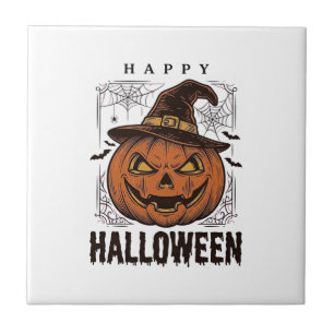 Azulejo De Cerâmica Desenho de Gravura de Abóbora Feliz Halloween Vint