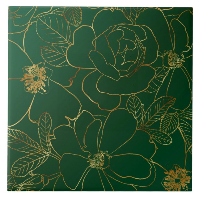 Azulejo De Cerâmica Desenho de linha flexível dos Rosas Dourados verde (Frente)