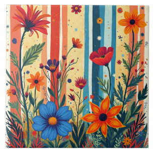 Azulejo De Cerâmica Desenho de Listras Florais Coloridas