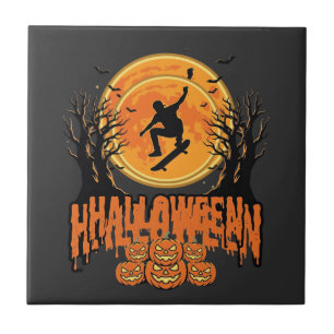 Azulejo De Cerâmica Desenho de Lua de Skateboard de Halloween