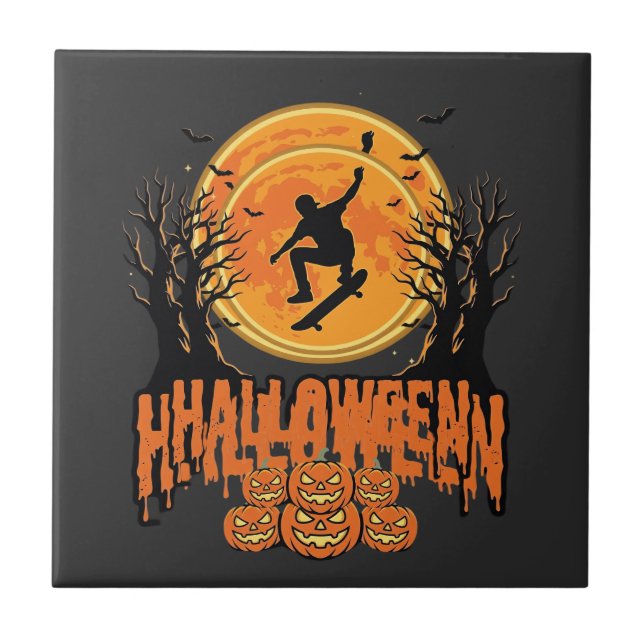 Azulejo De Cerâmica Desenho de Lua de Skateboard de Halloween (Frente)