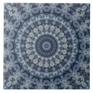 Azulejo De Cerâmica Desenho de Mandala Azul e Prateado