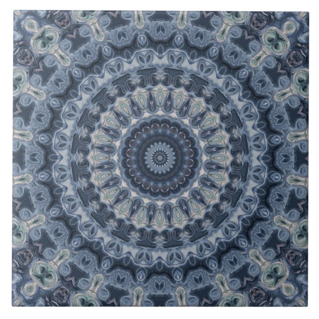 Azulejo De Cerâmica Desenho de Mandala Azul e Prateado (Frente)