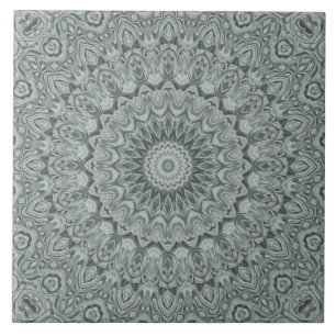 Azulejo De Cerâmica Desenho de Mandala com Padrão Cinza e Prata