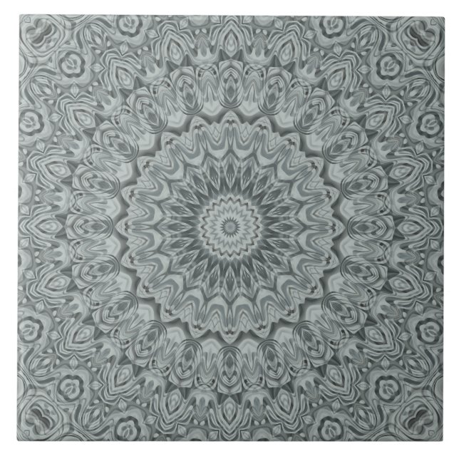 Azulejo De Cerâmica Desenho de Mandala com Padrão Cinza e Prata (Frente)