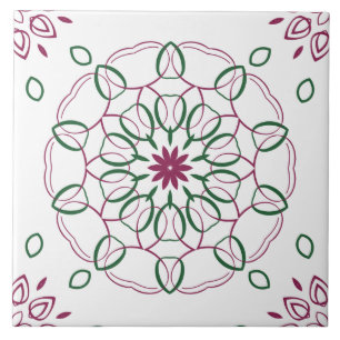 Azulejo De Cerâmica Desenho de Mandala Geométrica Magenta e Verde