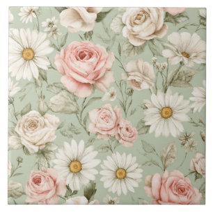 Azulejo De Cerâmica Desenho de Margaridas Rosas Florais em Aquarela