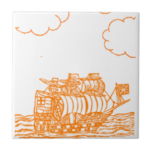 Azulejo De Cerâmica Desenho de navio revestido por laranja