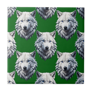 Azulejo De Cerâmica Desenho de padrão de cabeça de lobo branco verde