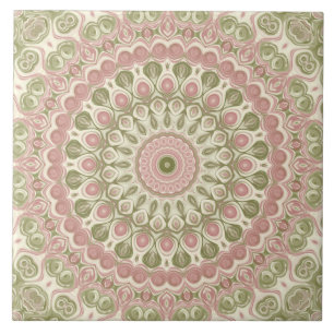 Azulejo De Cerâmica Desenho de Padrão de Mandala Rosa e Verde