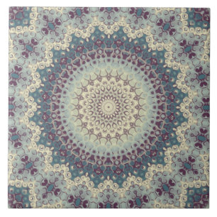 Azulejo De Cerâmica Desenho de Padrão Mandala em Turquesa e Creme