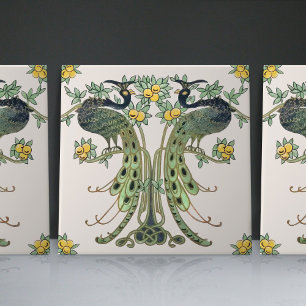 Azulejo De Cerâmica Desenho de Pavão e Frutas por Mabel C. Dibble Art