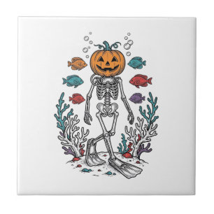 Azulejo De Cerâmica Desenho de Peixe de Halloween de Esqueleto de Abób