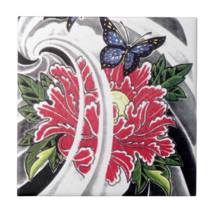Azulejo De Cerâmica Desenho de Tatuagem de Flor de Peônia e Borboleta