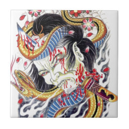 Azulejo De Cerâmica Desenho de Tatuagem Grotesca e de Cobra