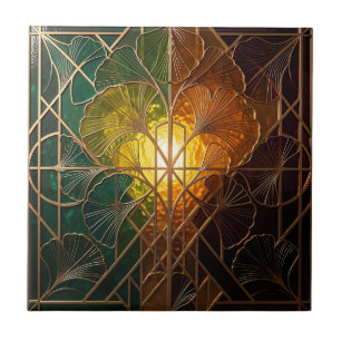 Azulejo De Cerâmica Desenho de Vidro Colorido Folha de Ginkgo Art Déco